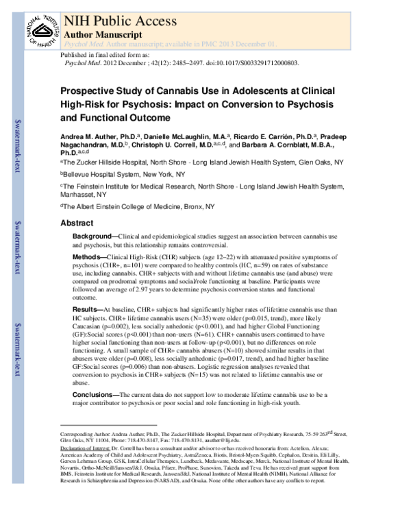 (PDF) Prospective study of cannabis use in adolescents at clinical high ...
