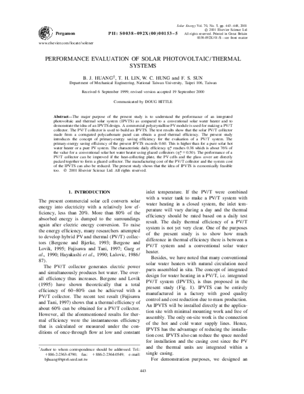 (PDF) Performance evaluation of solar photovoltaic/thermal systems