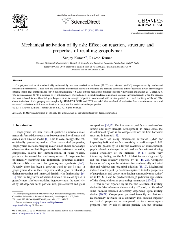 (PDF) Mechanical activation of fly ash: Effect on reaction, structure ...