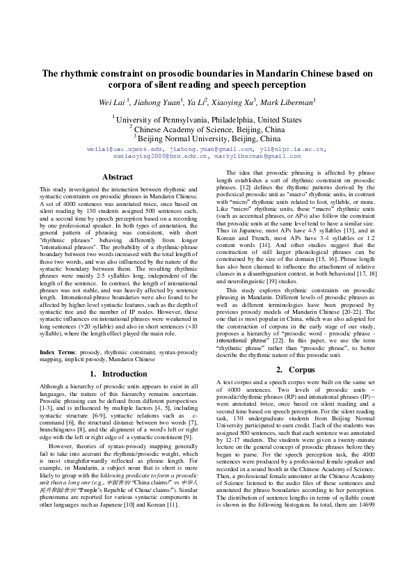 (PDF) The Rhythmic Constraint on Prosodic Boundaries in Mandarin ...