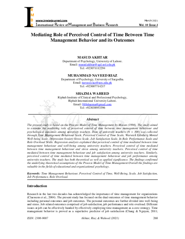 (PDF) Mediating Role of Perceived Control of Time Between Time ...
