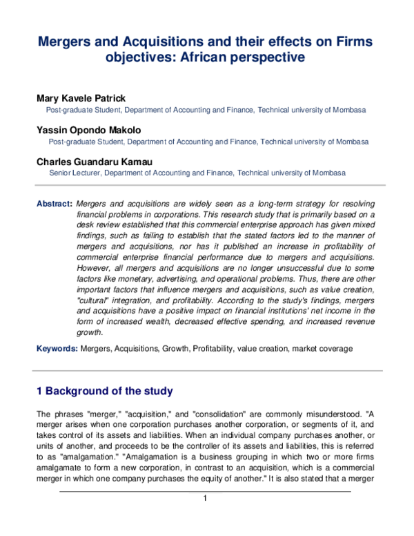 (PDF) Mergers and Acquisitions and their effects on Firms objectives ...