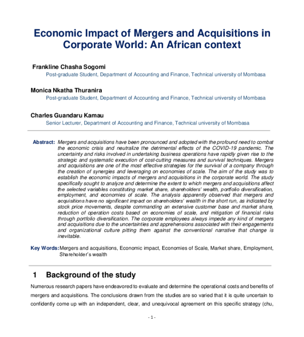 (PDF) Economic Impact of Mergers and Acquisitions in Corporate World ...