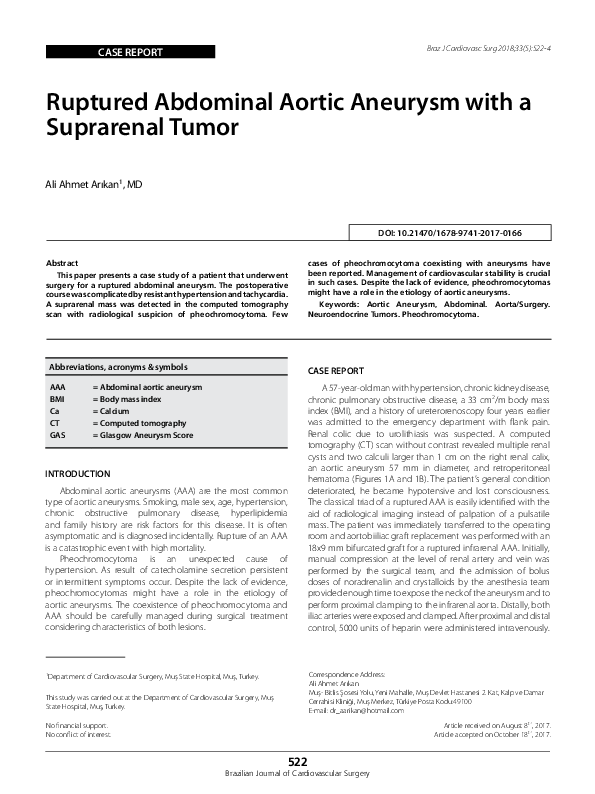 (PDF) Ruptured Abdominal Aortic Aneurysm with a Suprarenal Tumor