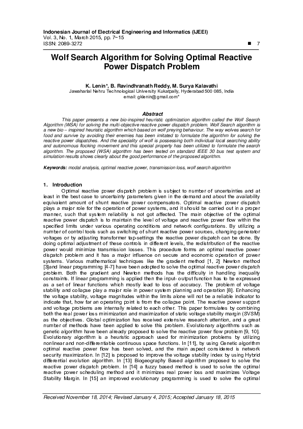 (PDF) Wolf Search Algorithm for Solving Optimal Reactive Power Dispatch ...