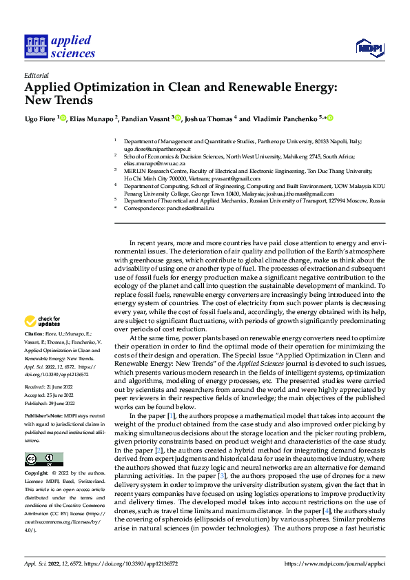 (PDF) Applied Optimization in Clean and Renewable Energy: New Trends