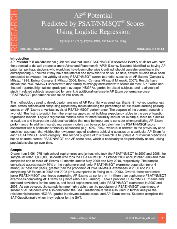 (PDF) AP® Potential Predicted by PSAT/NMSQT® Scores Using Logistic ...