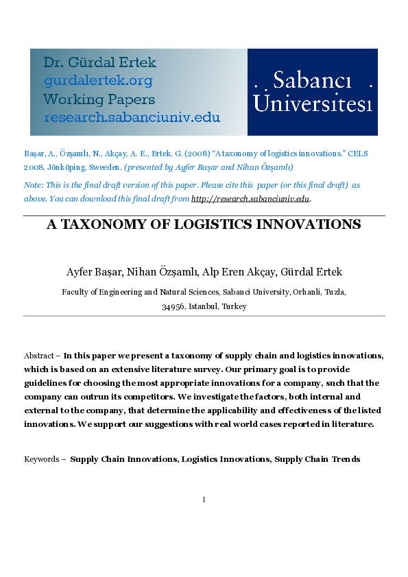 (PDF) A taxonomy of logistics innovations