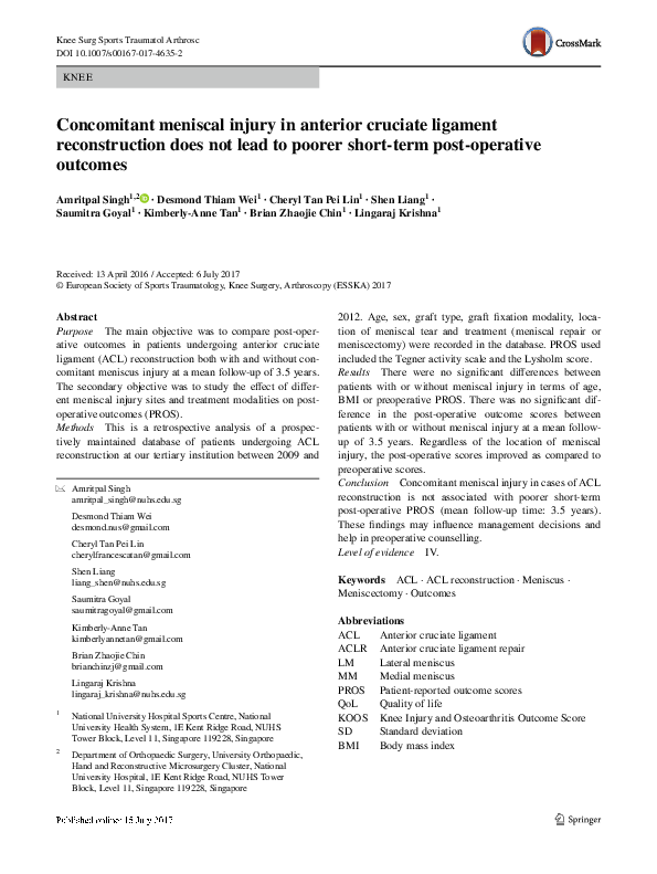 (PDF) Concomitant meniscal injury in anterior cruciate ligament ...