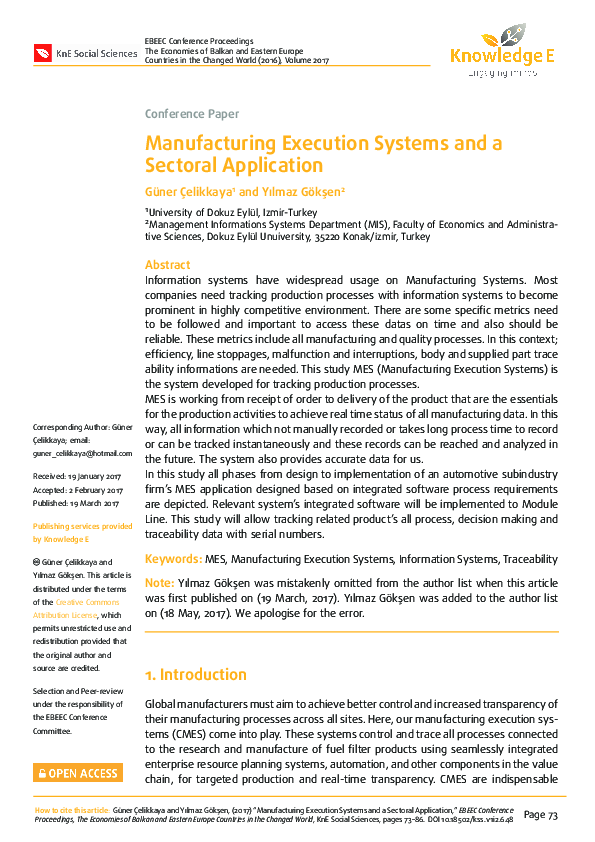 (PDF) Manufacturing Execution Systems And A Sectoral Application