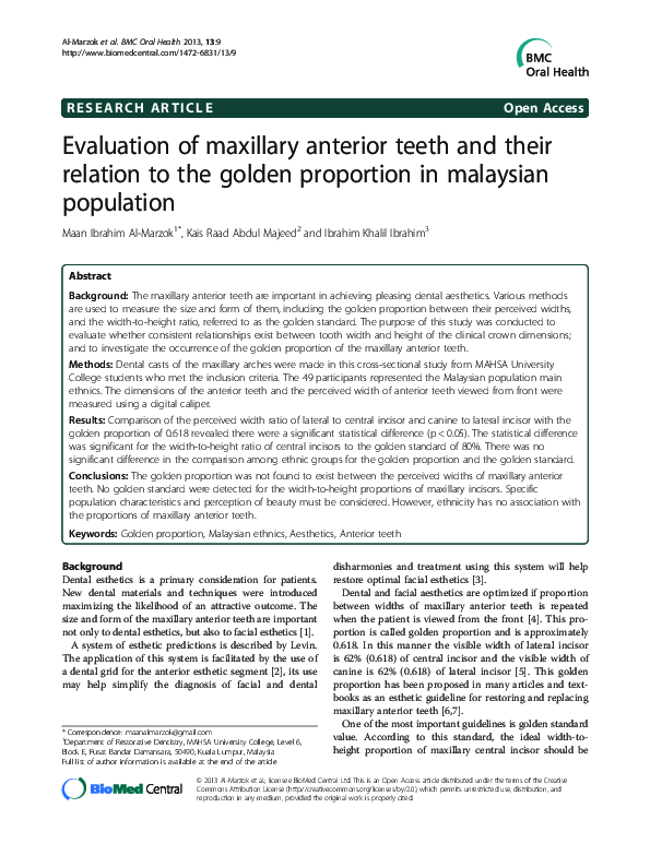 (PDF) Evaluation of maxillary anterior teeth and their relation to the ...