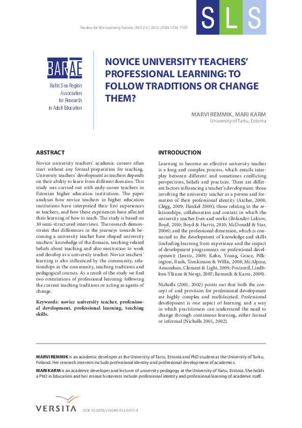 (PDF) Novice university teachers' professional learning: to follow ...