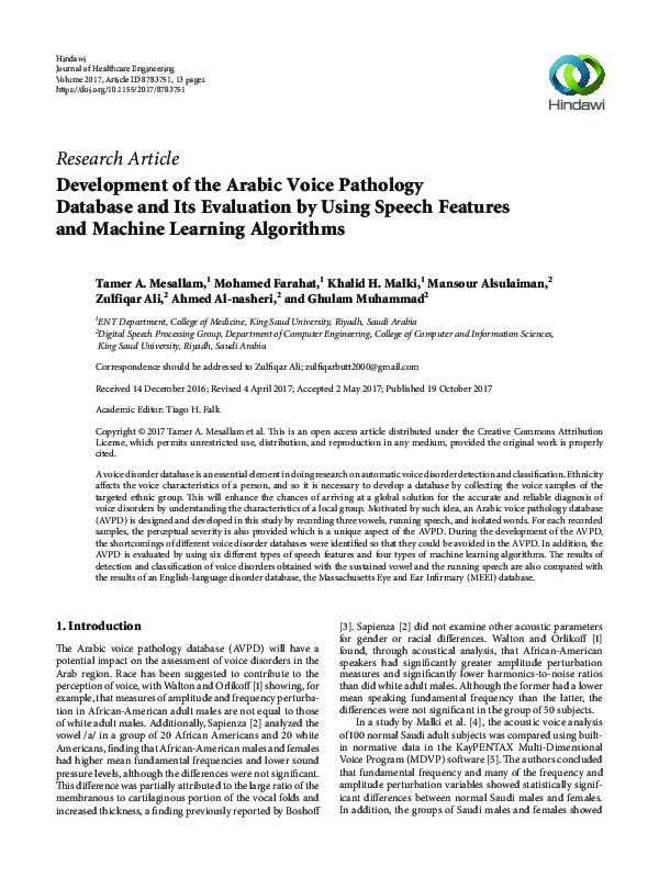 (PDF) Development of the Arabic Voice Pathology Database and Its ...
