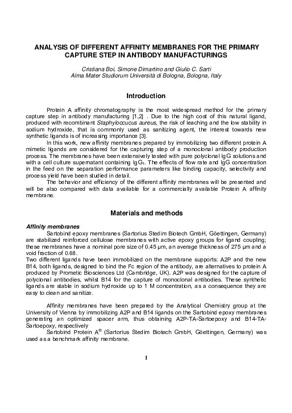 (PDF) Analysis of Different Affinity Membranes for the Primary Capture ...