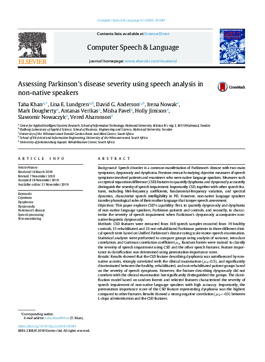 (PDF) Assessing Parkinson's disease severity using speech analysis in ...