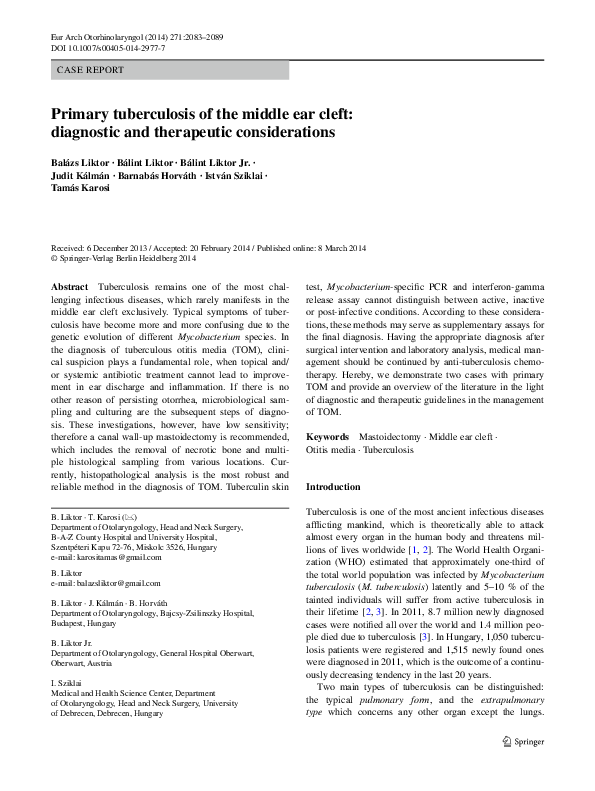 (PDF) Primary tuberculosis of the middle ear cleft: diagnostic and ...