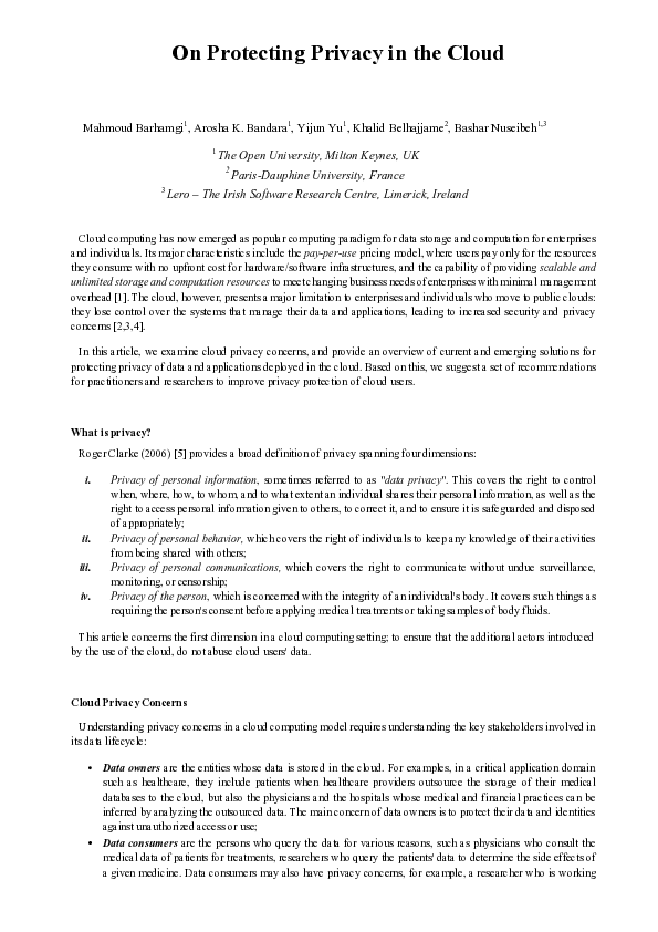 (PDF) Protecting Privacy in the Cloud: Current Practices, Future Directions