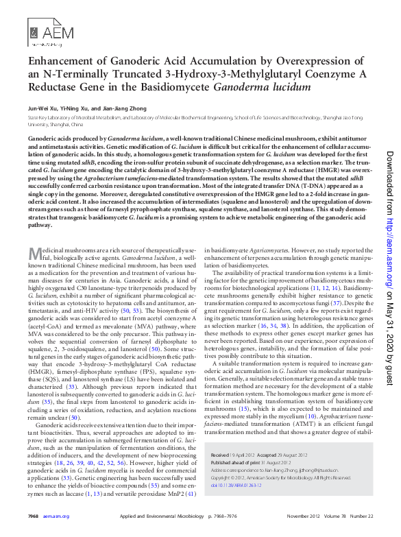 (PDF) Enhancement of Ganoderic Acid Accumulation by Overexpression of ...