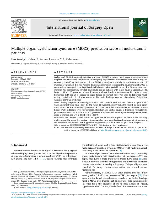 (PDF) Multiple organ dysfunction syndrome (MODS) prediction score in ...