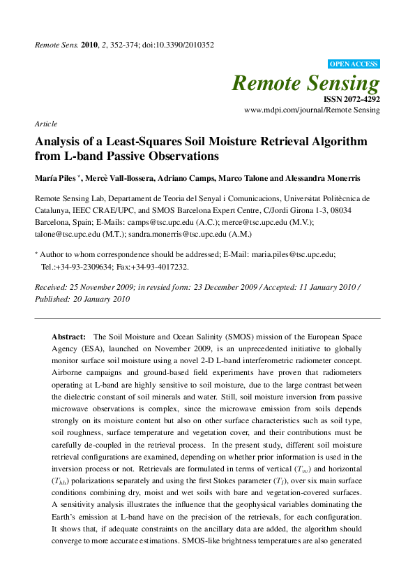 (PDF) Analysis of a least-squares soil moisture retrieval algorithm ...