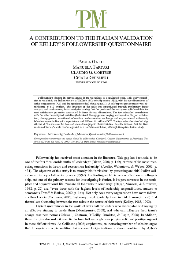 (PDF) A Contribution to the Italian Validation of Kelley's Followership ...