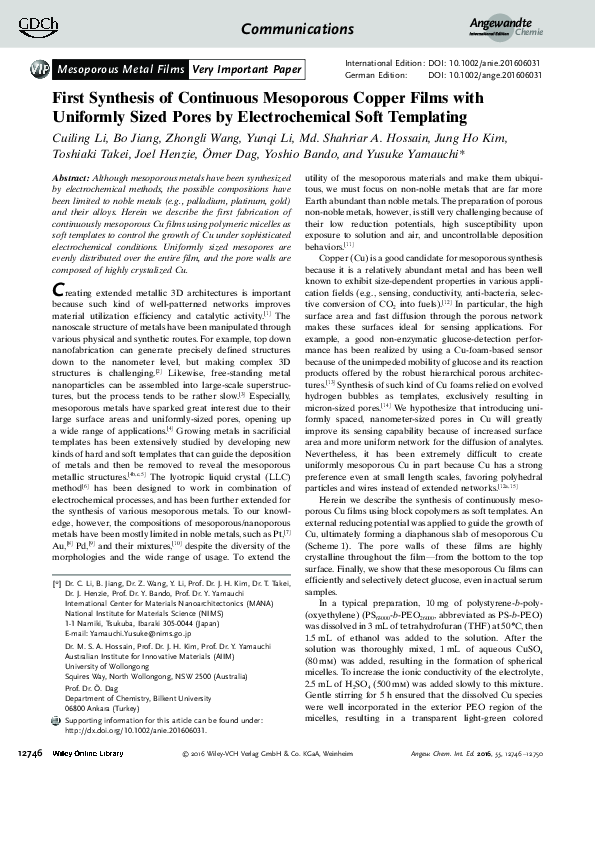 (PDF) First Synthesis of Continuous Mesoporous Copper Films with ...