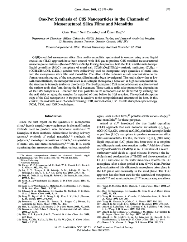 (PDF) One-Pot Synthesis of CdS Nanoparticles in the Channels of ...
