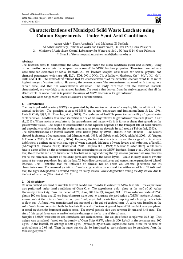 (PDF) Characterizations of Municipal Solid Waste Leachate using Column ...