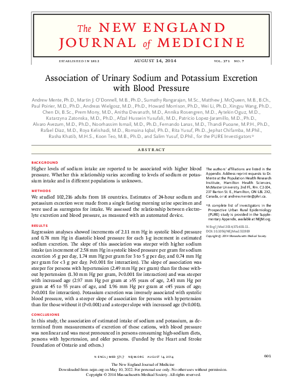 (PDF) Association of Urinary Sodium and Potassium Excretion with Blood ...