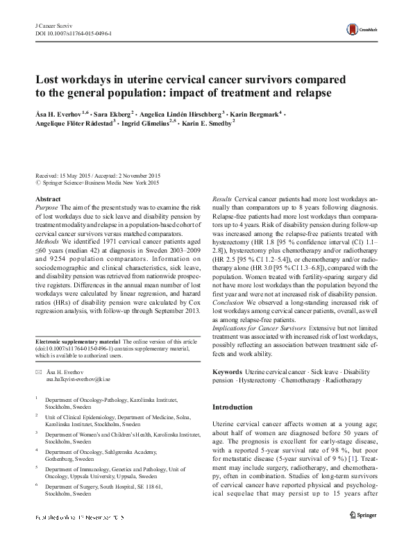 (PDF) Lost workdays in uterine cervical cancer survivors compared to ...
