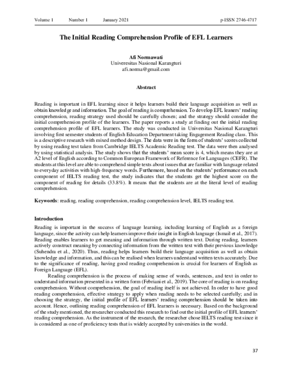 (PDF) The Initial Reading Comprehension Profile of EFL Learners