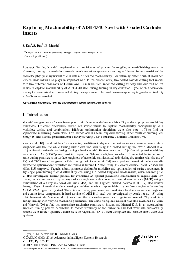 (PDF) Exploring Machinability of AISI 4340 Steel with Coated Carbide ...