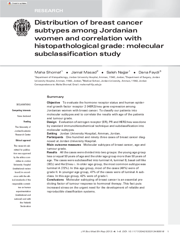 (PDF) Distribution of breast cancer subtypes among Jordanian women and ...