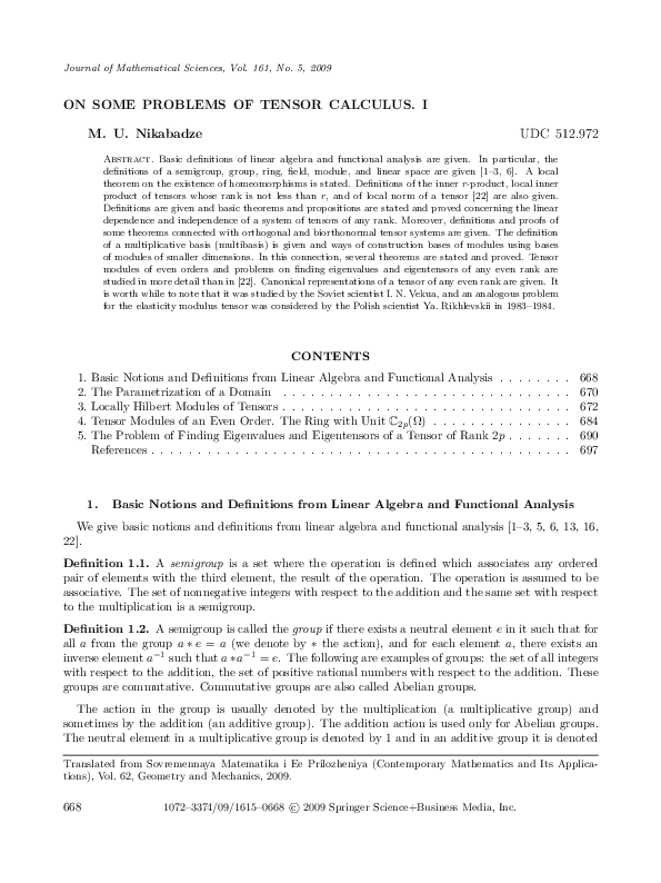 (PDF) On some problems of tensor calculus. I