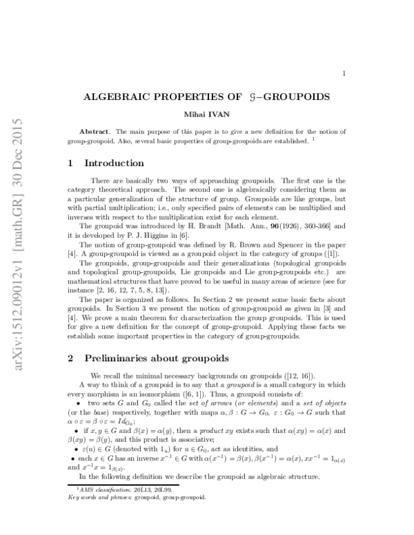 (PDF) Algebraic properties of G-groupoids | Mihai Ivan - Academia.edu
