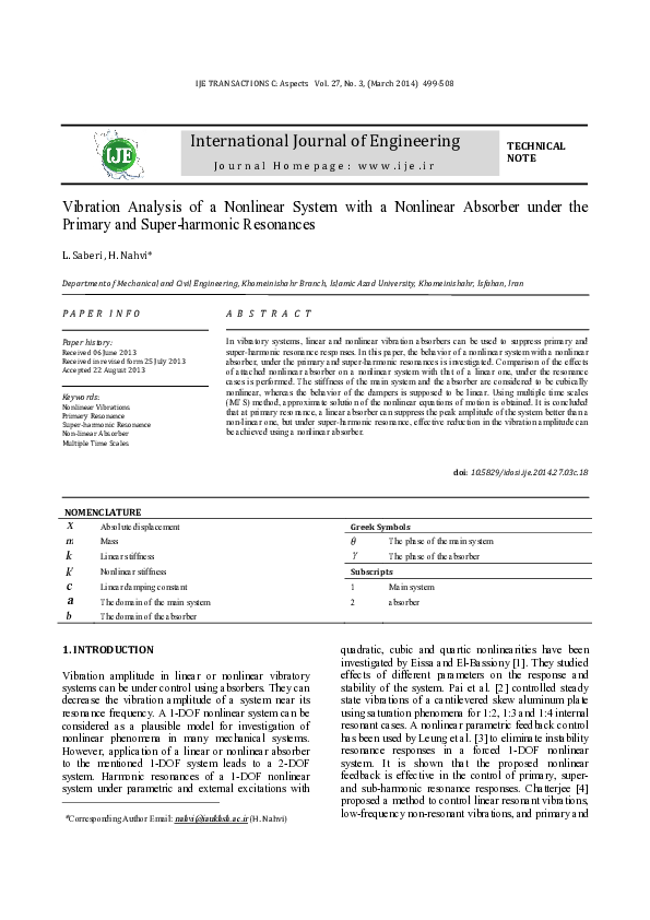 (PDF) Vibration Analysis of a Nonlinear System with a Nonlinear ...