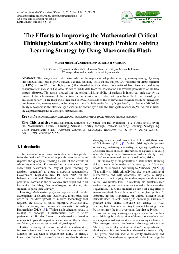 (PDF) The Efforts to Improving the Mathematical Critical Thinking ...