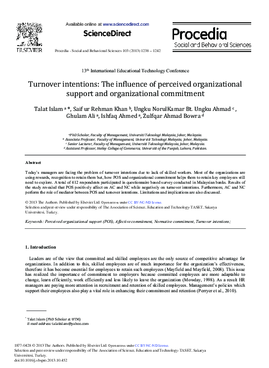 (PDF) Turnover Intentions: The Influence of Perceived Organizational ...