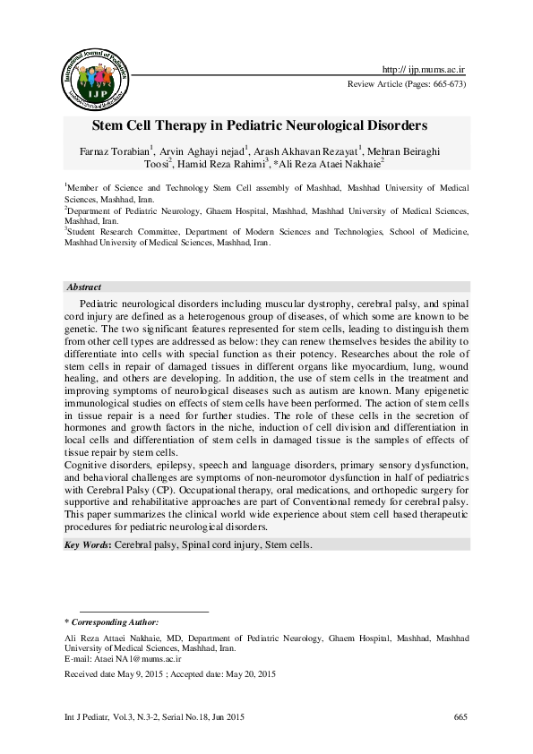 (PDF) Stem Cell Therapy in Pediatric Neurological Disorders