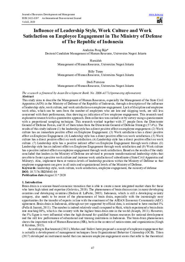 (PDF) Influence of Leadership Style, Work Culture and Work Satisfaction ...