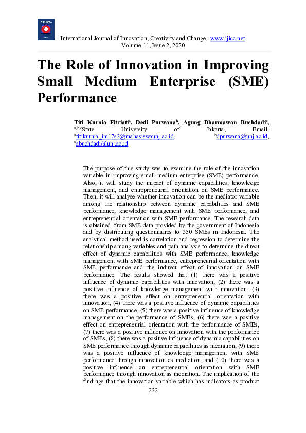 (PDF) The Role of Innovation in Improving Small Medium Enterprise (SME ...