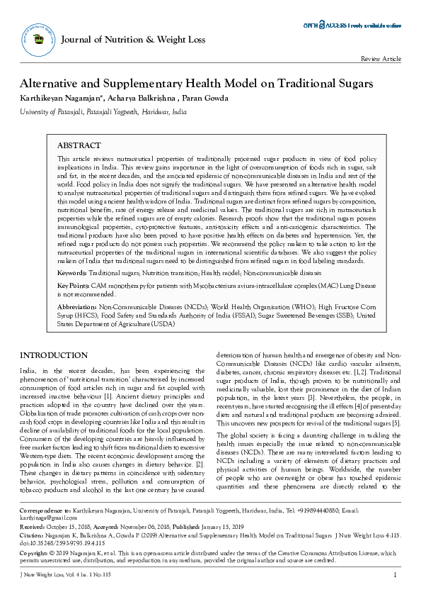(PDF) Alternative and Supplementary Health Model on Traditional Sugars