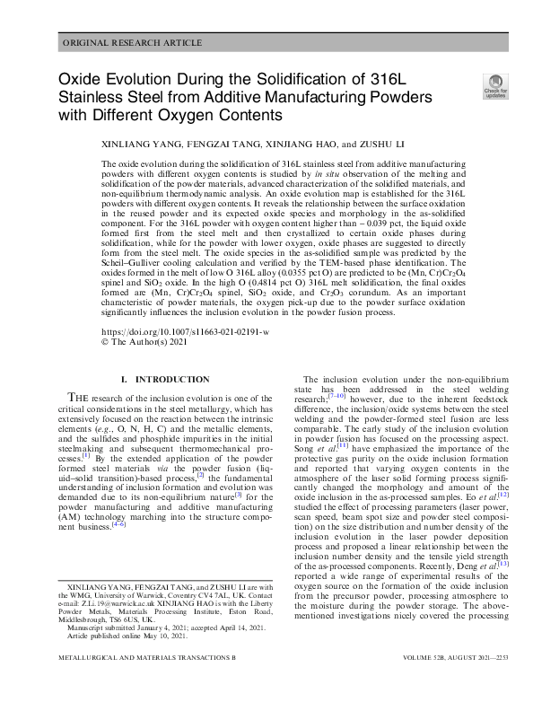 (PDF) Oxide Evolution During the Solidification of 316L Stainless Steel ...