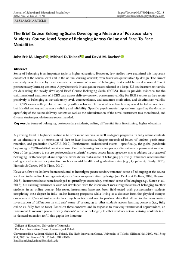(PDF) The Brief Course Belonging Scale Developing a Measure of
