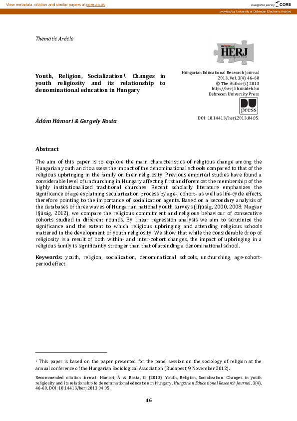 (PDF) Youth, Religion, Socialization1. Changes in youth religiosity and ...