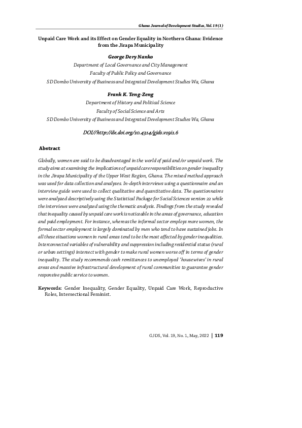 (PDF) Unpaid Care Work and its Effect on Gender Equality in Northern ...
