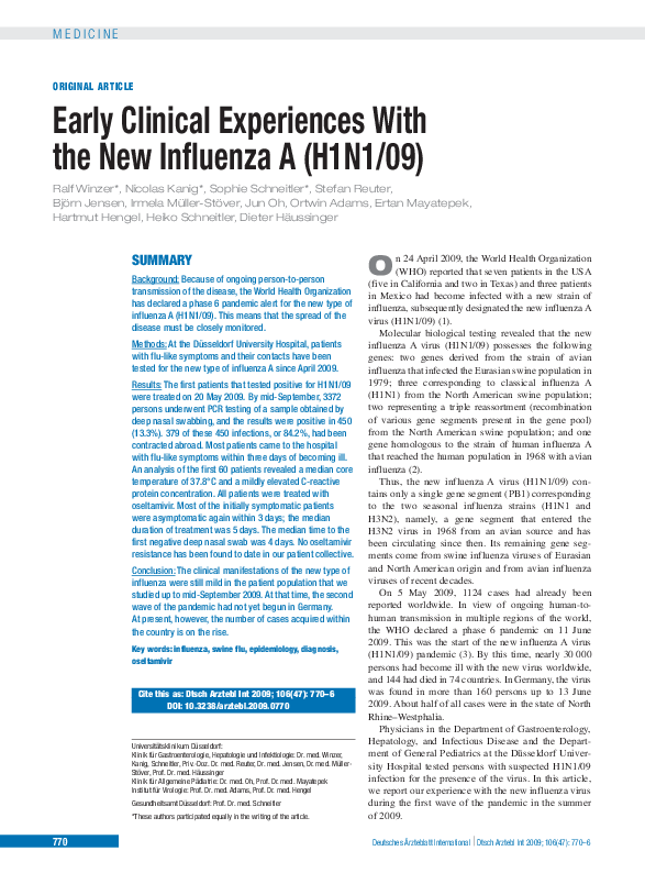 (PDF) Early clinical experiences with the new influenza A (H1N1/09)