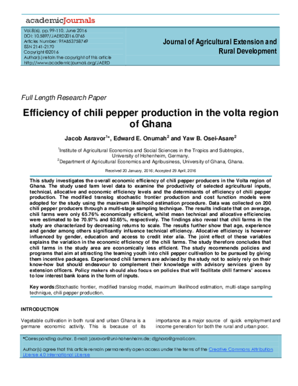 (PDF) Efficiency of chili pepper production in the volta region of