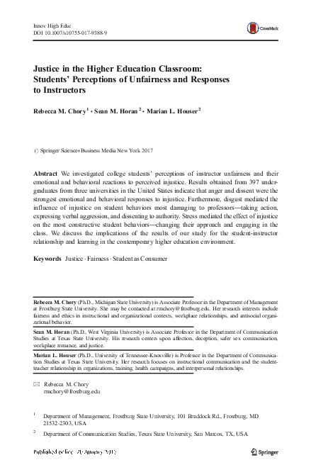 (PDF) Justice in the Higher Education Classroom: Students’ Perceptions ...