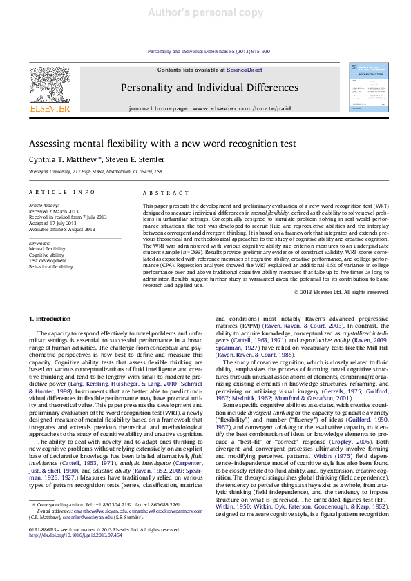 (PDF) Assessing mental flexibility with a new word recognition test